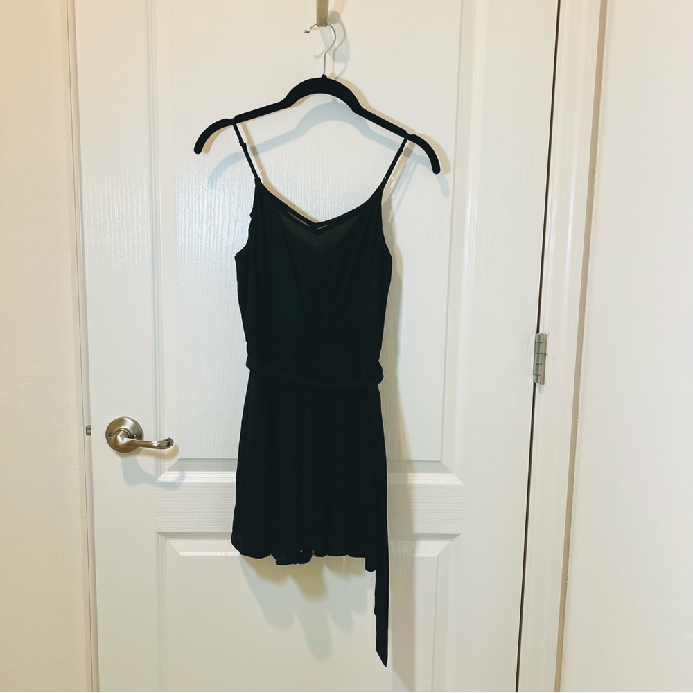 Express Women’s Black Faux Wrap Romper with Mesh Detail - Size 0.